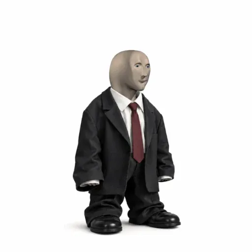 A meme character wearing an oversized black suit and red tie